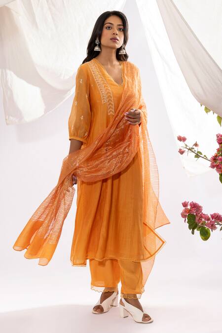 Pants And Pajamas Orange Cotton, Silk, Chanderi Embroidery, Zari Scoop Chikankari Work Kurta Set Online at Aza Fashions Pants And Pajamas_Orange Cotton, Silk, Chanderi Embroidery, Zari Scoop Chikankari Work Kurta Set _Online_at_Aza_Fashions