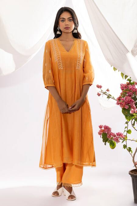 Shop Pants And Pajamas Orange Cotton, Silk, Chanderi Embroidery, Zari Scoop Chikankari Work Kurta Set Online at Aza Fashions Shop_Pants And Pajamas_Orange Cotton, Silk, Chanderi Embroidery, Zari Scoop Chikankari Work Kurta Set _Online_at_Aza_Fashions