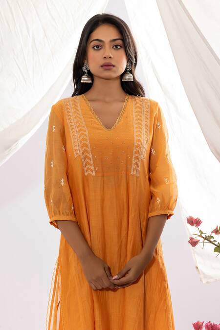 Pants And Pajamas Orange Cotton, Silk, Chanderi Embroidery, Zari Scoop Chikankari Work Kurta Set at Aza Fashions Pants And Pajamas_Orange Cotton, Silk, Chanderi Embroidery, Zari Scoop Chikankari Work Kurta Set _at_Aza_Fashions