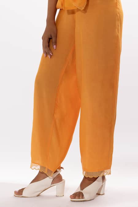 Buy Pants And Pajamas Orange Cotton, Silk, Chanderi Embroidery, Zari Scoop Chikankari Work Kurta Set Buy_Pants And Pajamas_Orange Cotton, Silk, Chanderi Embroidery, Zari Scoop Chikankari Work Kurta Set