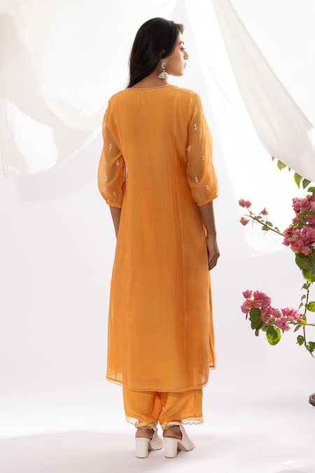 Shop Pants And Pajamas Orange Cotton, Silk, Chanderi Embroidery, Zari Scoop Chikankari Work Kurta Set at Aza Fashions Shop_Pants And Pajamas_Orange Cotton, Silk, Chanderi Embroidery, Zari Scoop Chikankari Work Kurta Set _at_Aza_Fashions