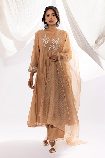 Shop_Pants And Pajamas_Beige Chanderi Embroidery V-neck Floral Threadwork Gathered Kurta _Online_at_Aza_Fashions