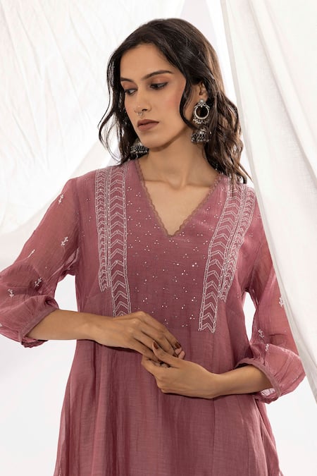 Shop_Pants And Pajamas_Purple Chanderi Embroidery V-neck Chikankari Threadwork Kurta _Online_at_Aza_Fashions
