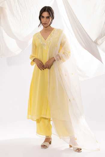 Pants And Pajamas_Yellow Chanderi Embroidery V-neck Placed Threadwork Kurta _Online_at_Aza_Fashions