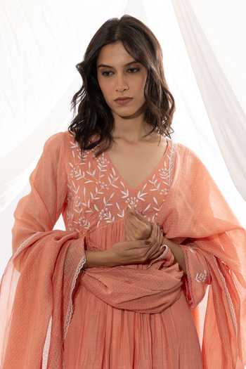 Buy Pants And Pajamas Peach Chanderi Embroidery V-neck Floral Threadwork Yoke Anarkali Online at Aza Fashions Buy_Pants And Pajamas_Peach Chanderi Embroidery V-neck Floral Threadwork Yoke Anarkali _Online_at_Aza_Fashions