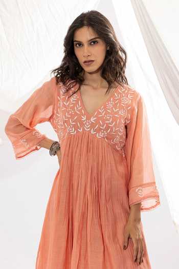Shop Pants And Pajamas Peach Chanderi Embroidery V-neck Floral Threadwork Yoke Anarkali Online at Aza Fashions Shop_Pants And Pajamas_Peach Chanderi Embroidery V-neck Floral Threadwork Yoke Anarkali _Online_at_Aza_Fashions