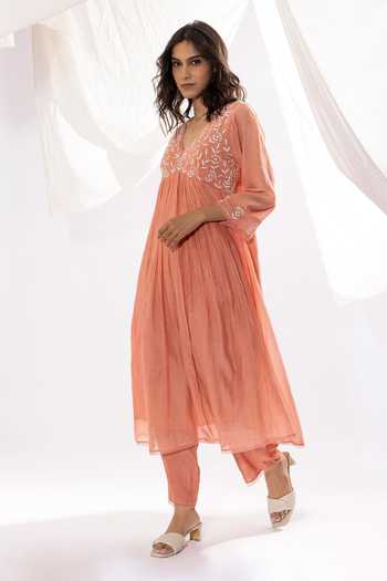 Pants And Pajamas Peach Chanderi Embroidery V-neck Floral Threadwork Yoke Anarkali at Aza Fashions Pants And Pajamas_Peach Chanderi Embroidery V-neck Floral Threadwork Yoke Anarkali _at_Aza_Fashions