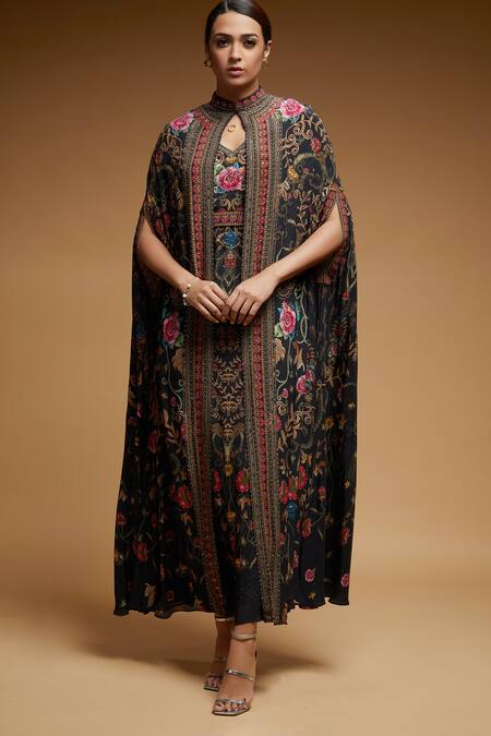 Nirraamyaa_Black Bemberg Crepe Digital Print Rhinestone Band Collar Rose Long Cape_Online_at_Aza_Fashions
