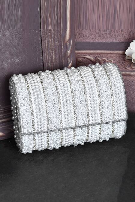 Shop_House Of Webhin_White Beads Embellished Flap Bag With Handle _at_Aza_Fashions