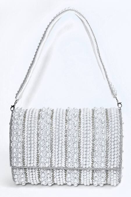 House Of Webhin_White Beads Embellished Flap Bag With Handle _Online_at_Aza_Fashions