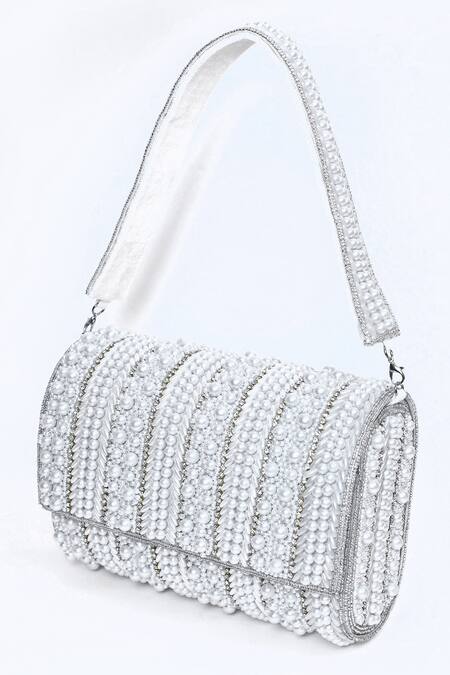 Buy_House Of Webhin_White Beads Embellished Flap Bag With Handle _Online_at_Aza_Fashions