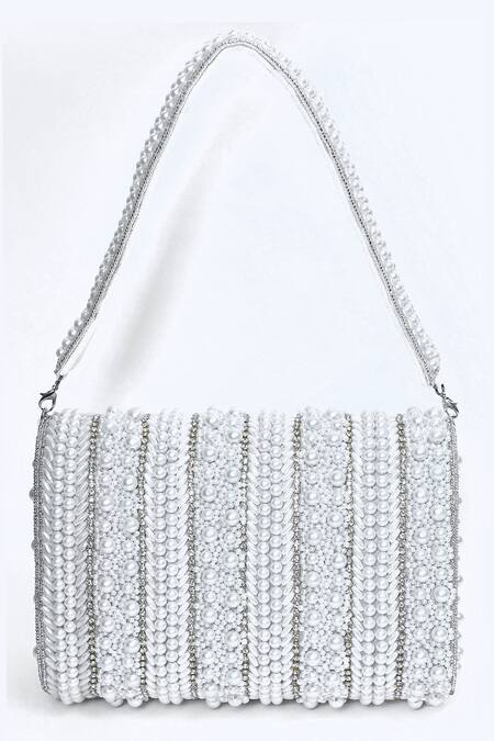 Shop_House Of Webhin_White Beads Embellished Flap Bag With Handle _Online_at_Aza_Fashions