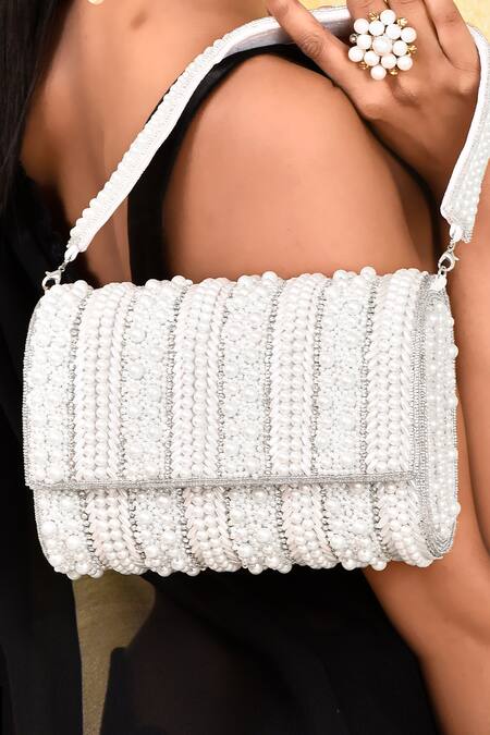 House Of Webhin White Beads Embellished Flap Bag With Handle at Aza Fashions House Of Webhin_White Beads Embellished Flap Bag With Handle _at_Aza_Fashions