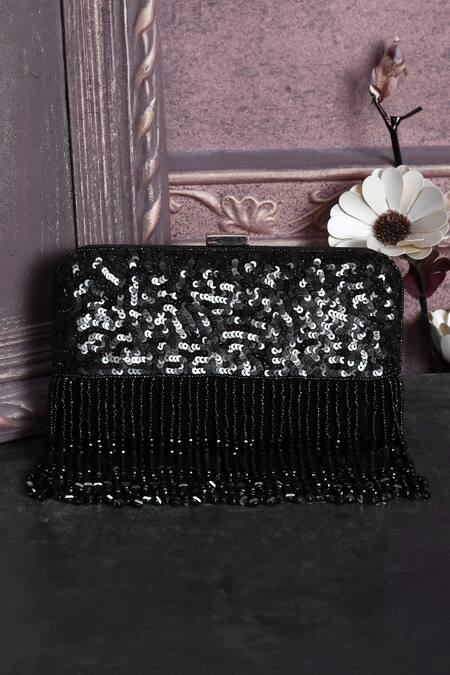 Shop_House Of Webhin_Black Sequins Embellished Clutch With Sling Chain _at_Aza_Fashions