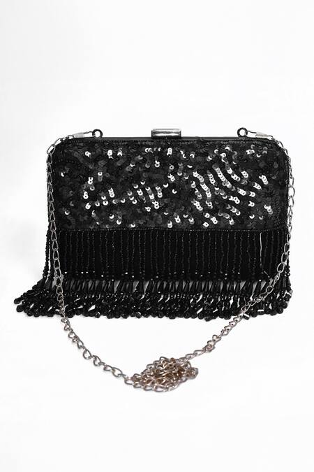 House Of Webhin_Black Sequins Embellished Clutch With Sling Chain _Online_at_Aza_Fashions