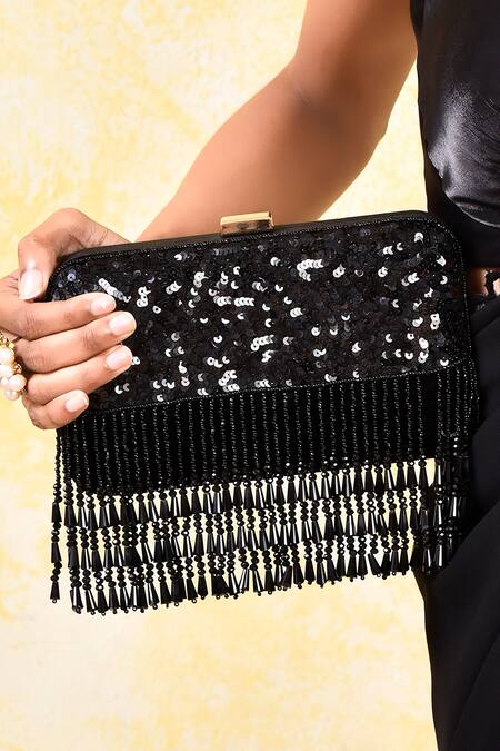 House Of Webhin Black Sequins Embellished Clutch With Sling Chain at Aza Fashions House Of Webhin_Black Sequins Embellished Clutch With Sling Chain _at_Aza_Fashions