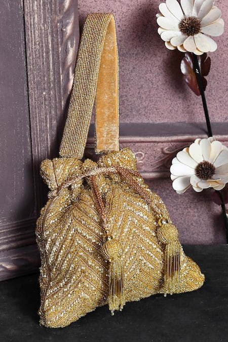 Shop_House Of Webhin_Gold Cut Work, Beads Embellished Potli With Handle _at_Aza_Fashions