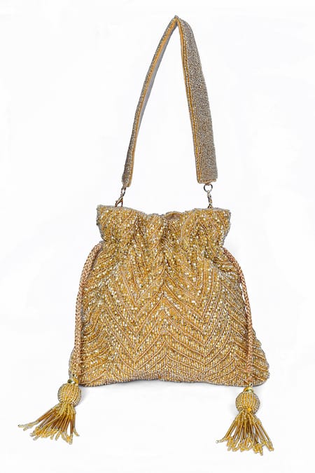 House Of Webhin_Gold Cut Work, Beads Embellished Potli With Handle _Online_at_Aza_Fashions