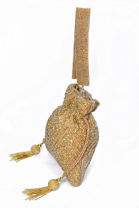 Buy_House Of Webhin_Gold Cut Work, Beads Embellished Potli With Handle _Online_at_Aza_Fashions