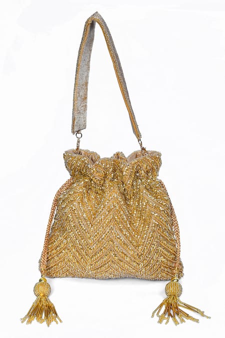 Shop_House Of Webhin_Gold Cut Work, Beads Embellished Potli With Handle _Online_at_Aza_Fashions