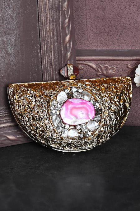 Shop_House Of Webhin_Gold Embroidery, Stones Embellished Half-moon Mop Clutch With Sling Chain _at_Aza_Fashions