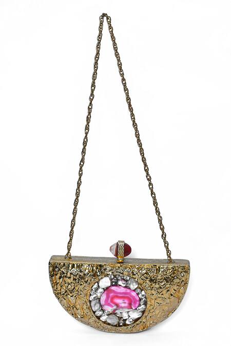 House Of Webhin_Gold Embroidery, Stones Embellished Half-moon Mop Clutch With Sling Chain _Online_at_Aza_Fashions