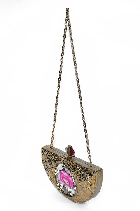 Buy_House Of Webhin_Gold Embroidery, Stones Embellished Half-moon Mop Clutch With Sling Chain _Online_at_Aza_Fashions