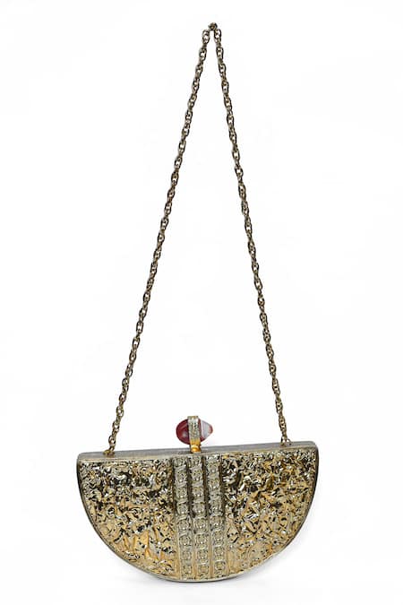 Shop_House Of Webhin_Gold Embroidery, Stones Embellished Half-moon Mop Clutch With Sling Chain _Online_at_Aza_Fashions