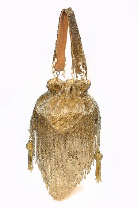 House Of Webhin_Gold Cut Work, Tassels Embellished Potli _Online_at_Aza_Fashions