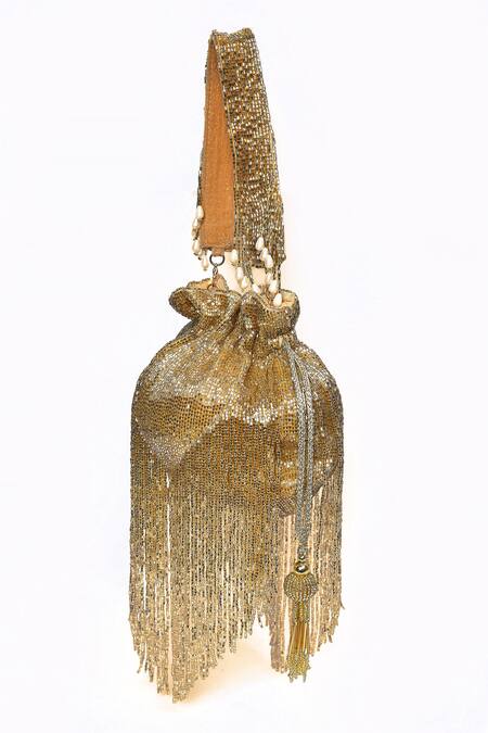 Buy_House Of Webhin_Gold Cut Work, Tassels Embellished Potli _Online_at_Aza_Fashions