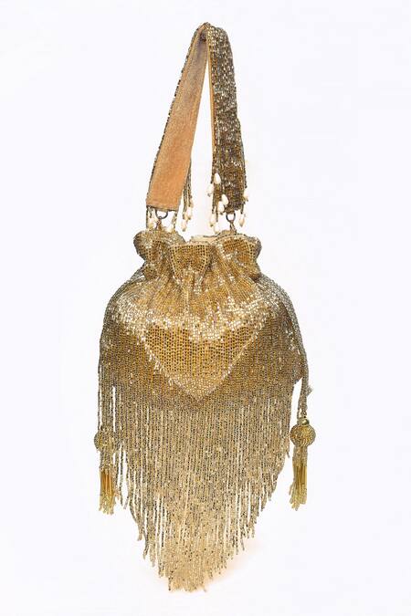 Shop_House Of Webhin_Gold Cut Work, Tassels Embellished Potli _Online_at_Aza_Fashions