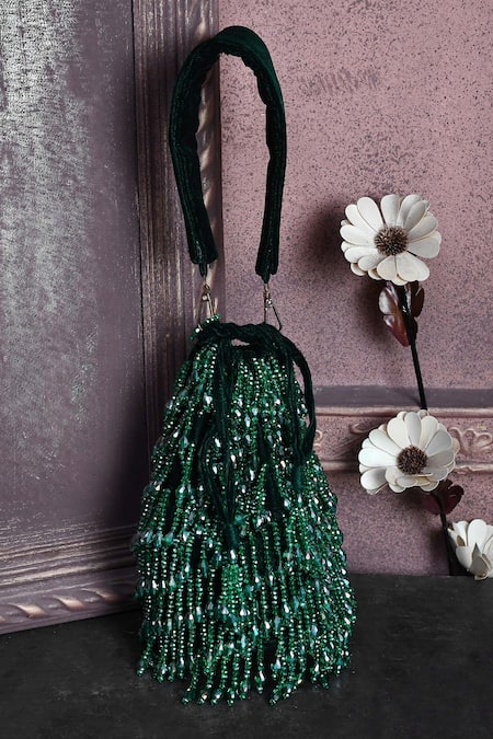 Shop_House Of Webhin_Green Crystals, Beads Embellished Bucket Bag With Hand _at_Aza_Fashions