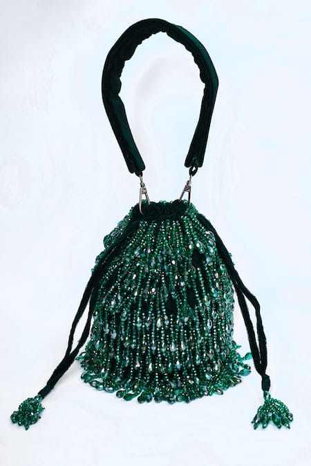 House Of Webhin_Green Crystals, Beads Embellished Bucket Bag With Hand _Online_at_Aza_Fashions