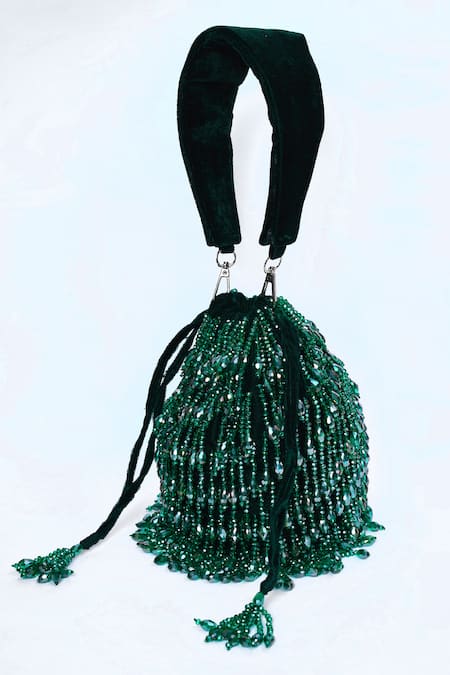 Buy_House Of Webhin_Green Crystals, Beads Embellished Bucket Bag With Hand _Online_at_Aza_Fashions