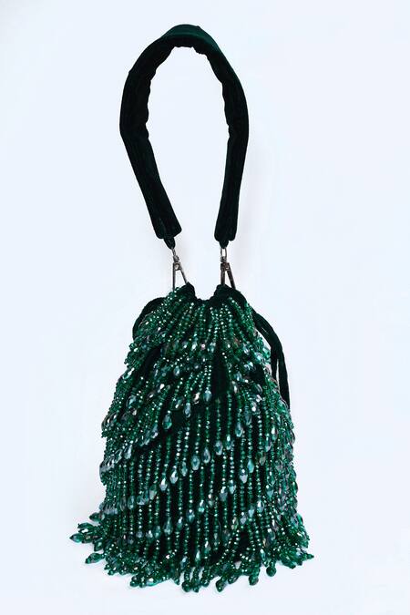 Shop_House Of Webhin_Green Crystals, Beads Embellished Bucket Bag With Hand _Online_at_Aza_Fashions