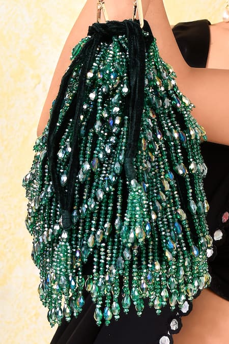 House Of Webhin Green Crystals, Beads Embellished Bucket Bag With Hand at Aza Fashions House Of Webhin_Green Crystals, Beads Embellished Bucket Bag With Hand _at_Aza_Fashions