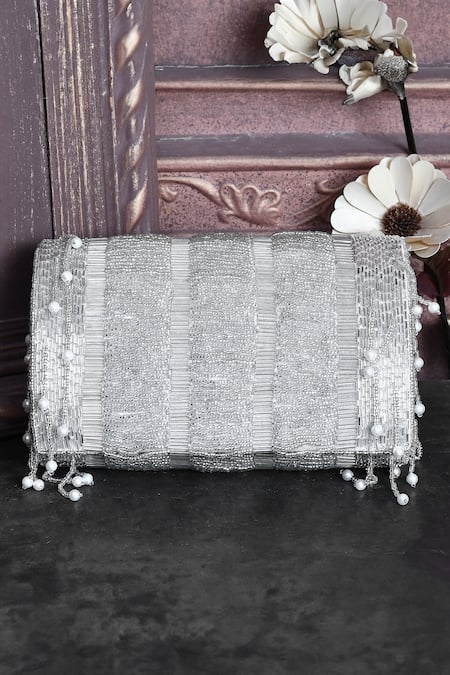 Shop_House Of Webhin_White Beads Embellished Flap Bag With Short Handle _at_Aza_Fashions