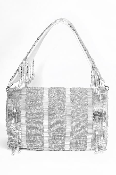 House Of Webhin_White Beads Embellished Flap Bag With Short Handle _Online_at_Aza_Fashions
