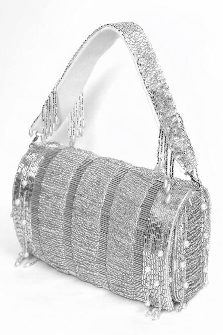 Buy_House Of Webhin_White Beads Embellished Flap Bag With Short Handle _Online_at_Aza_Fashions