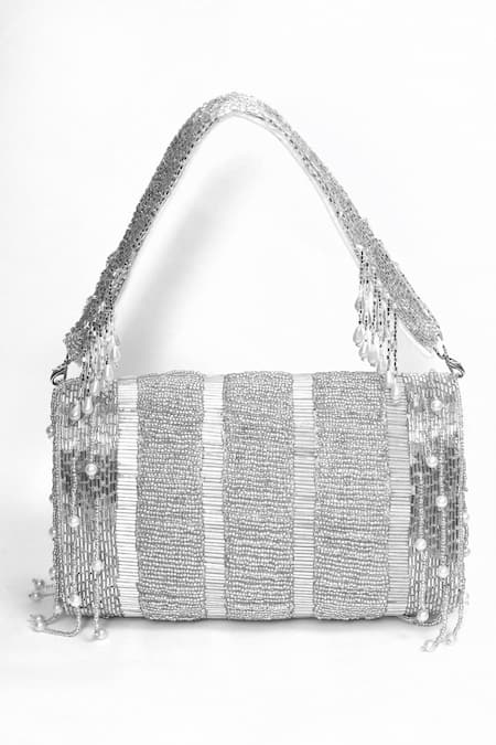 Shop_House Of Webhin_White Beads Embellished Flap Bag With Short Handle _Online_at_Aza_Fashions
