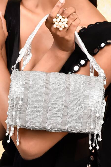 Buy House Of Webhin White Beads Embellished Flap Bag With Short Handle Buy_House Of Webhin_White Beads Embellished Flap Bag With Short Handle