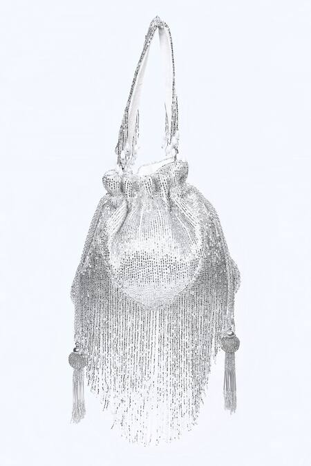 House Of Webhin_White Cut Work, Tassels Embellished Potli Bag With Handle _Online_at_Aza_Fashions