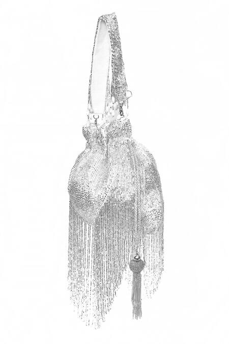 Buy_House Of Webhin_White Cut Work, Tassels Embellished Potli Bag With Handle _Online_at_Aza_Fashions