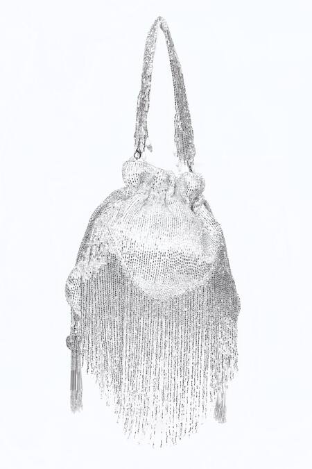 Shop_House Of Webhin_White Cut Work, Tassels Embellished Potli Bag With Handle _Online_at_Aza_Fashions