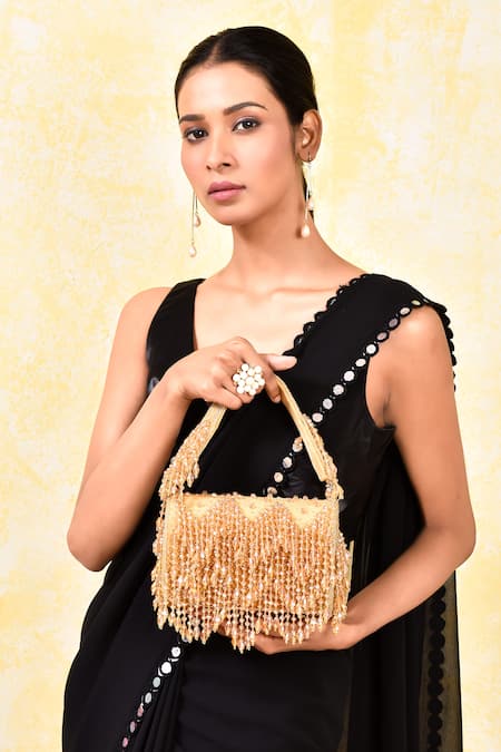 House of Webhin Gold Crystal Embellished Flap Bag With Handle 