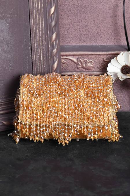 Shop_House Of Webhin_Gold Crystals Embellished Flap Bag With Handle _at_Aza_Fashions