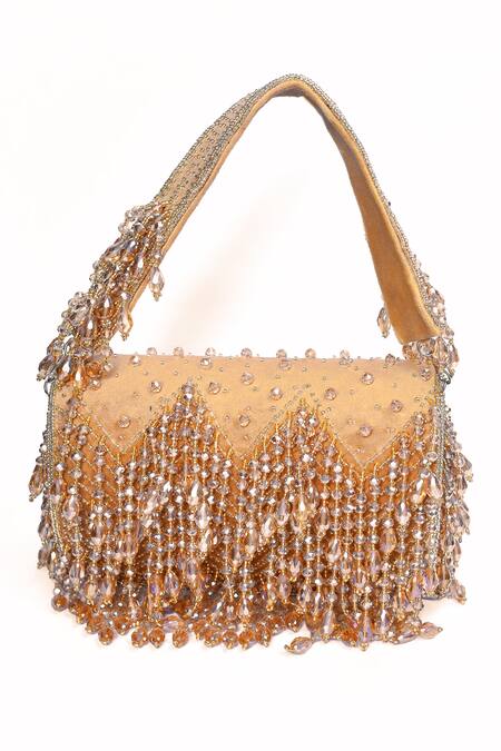 House Of Webhin_Gold Crystals Embellished Flap Bag With Handle _Online_at_Aza_Fashions