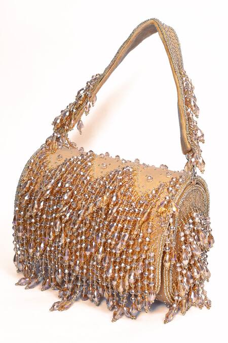 Buy_House Of Webhin_Gold Crystals Embellished Flap Bag With Handle _Online_at_Aza_Fashions