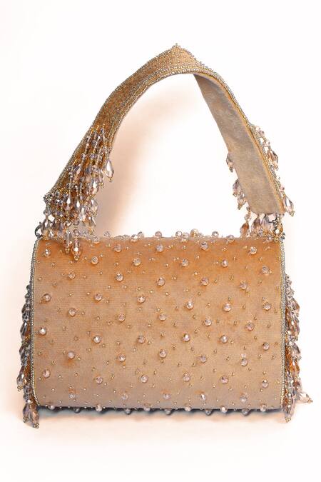Shop_House Of Webhin_Gold Crystals Embellished Flap Bag With Handle _Online_at_Aza_Fashions
