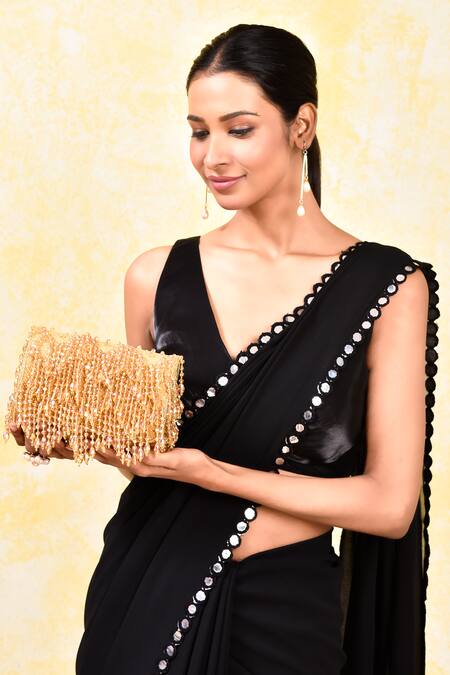 House Of Webhin_Gold Crystals Embellished Flap Bag With Handle _at_Aza_Fashions